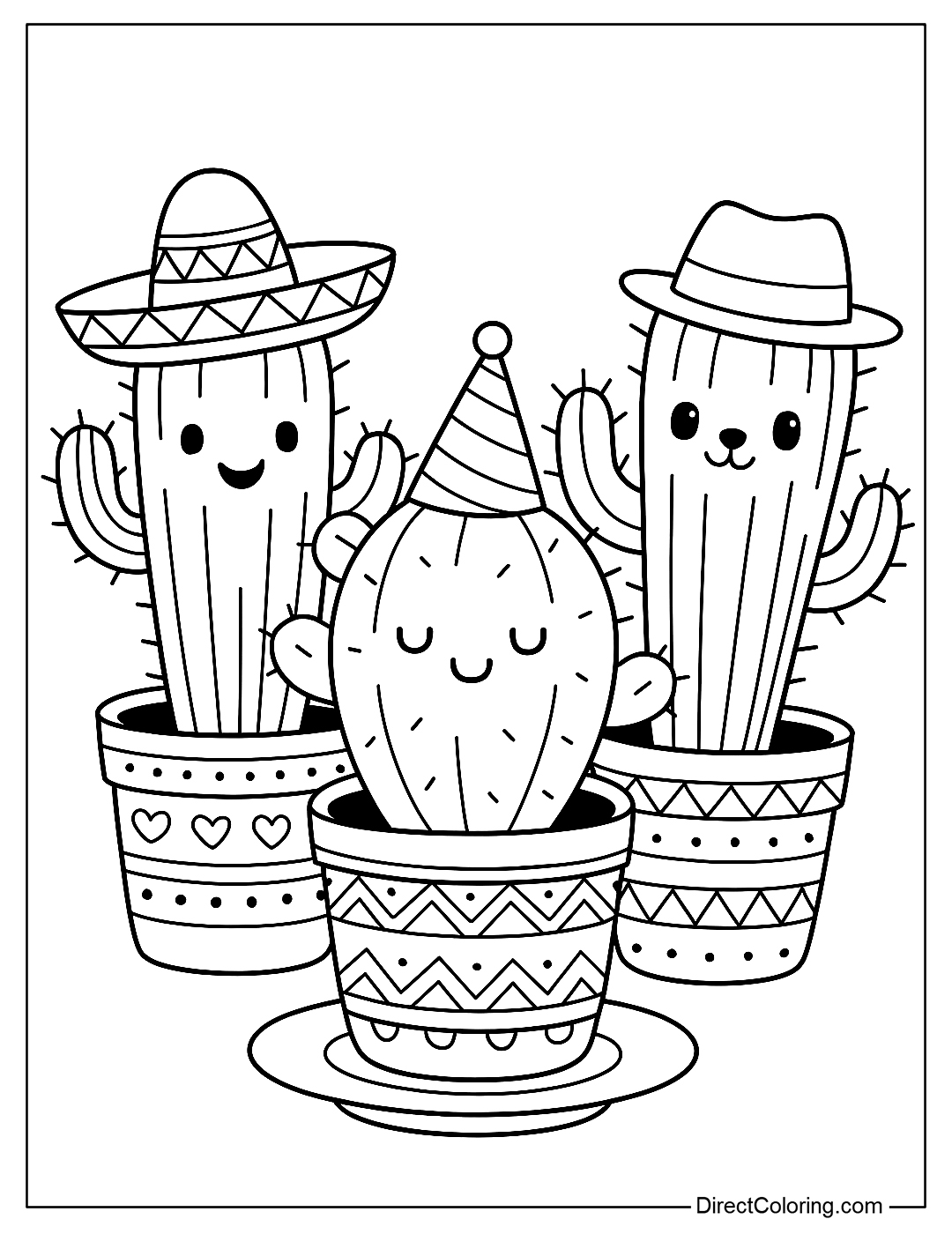 Coloring Page Three cactus pots with different faces and hats, decorated with folk motifs